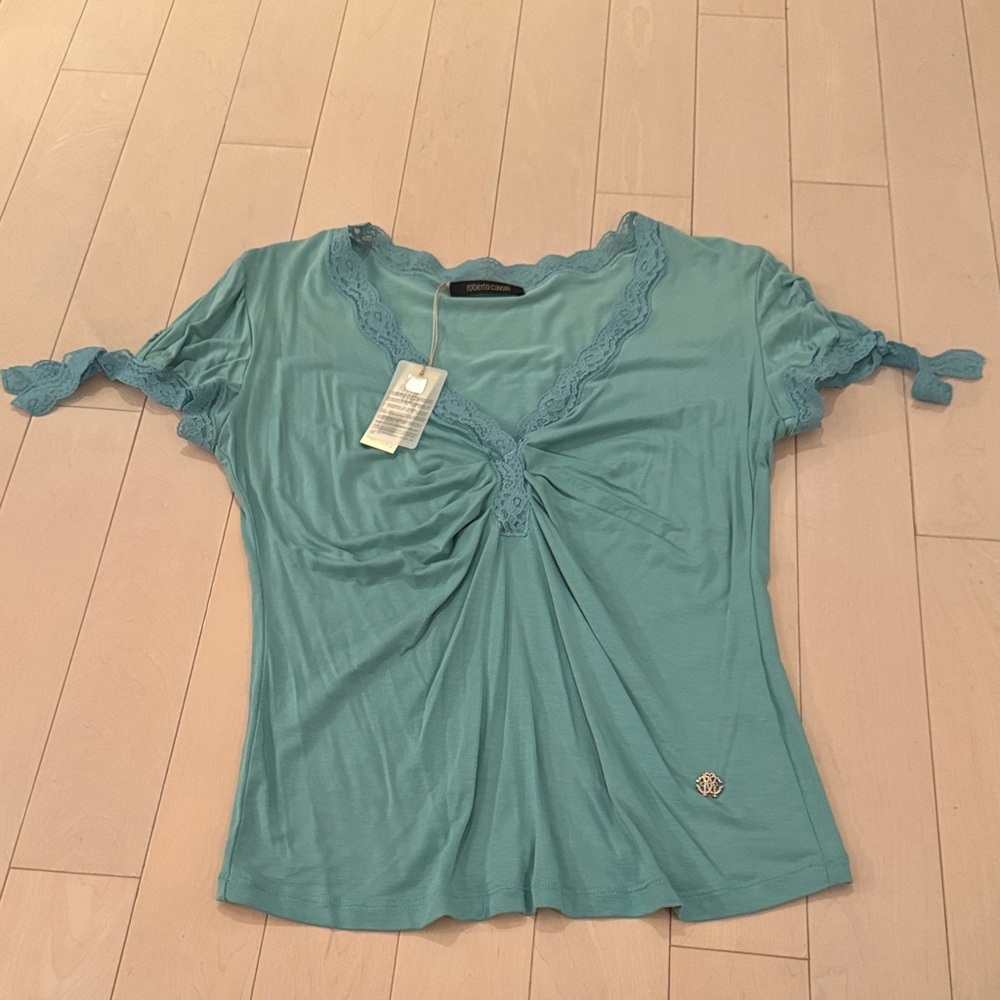 Roberto Cavalli Blue Lace Trim Top Size 46 NEW